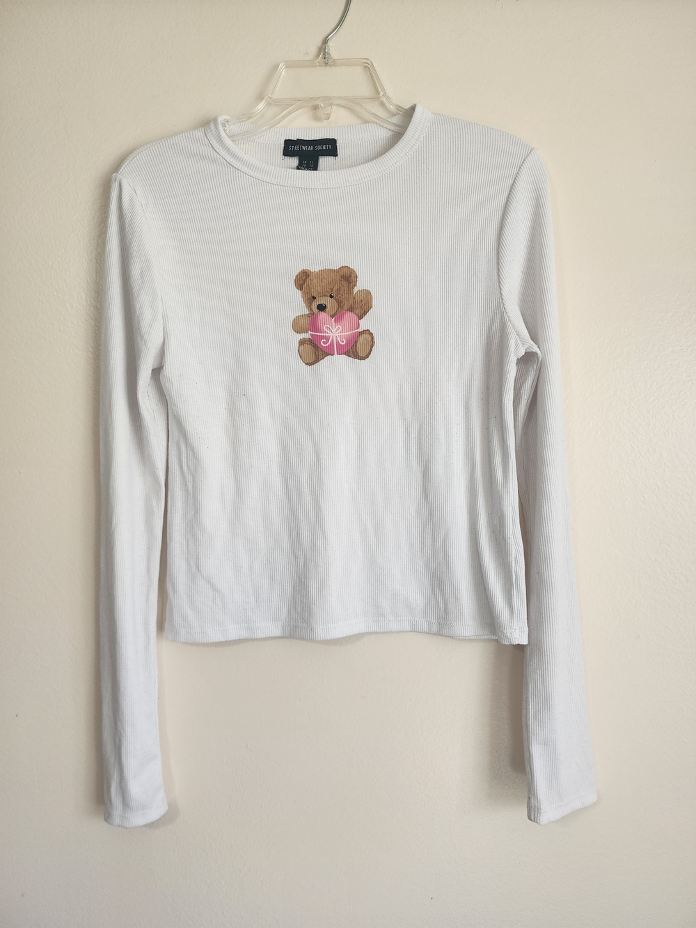 Streetwear Society White Long-Sleeve Tee with Teddy Holding Pink Heart